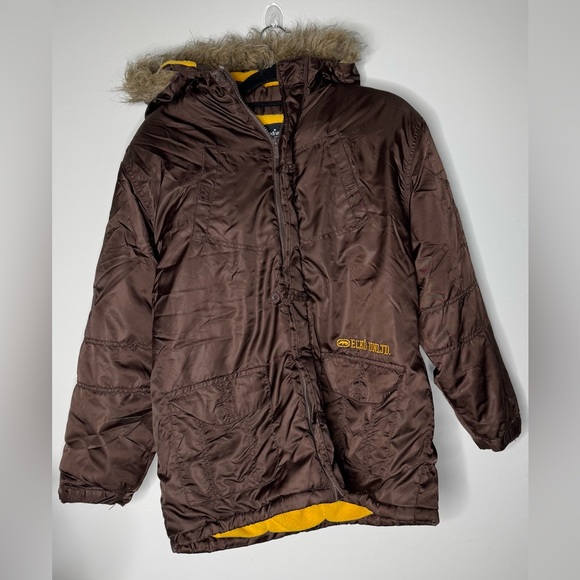 Ecko Ultd Jacket Brown Fur Lined Hood Size M Y2K Parka Vintage 2000s Insulated - Picture 1 of 10